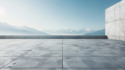 A large empty concrete slab with a view of mountains in the background