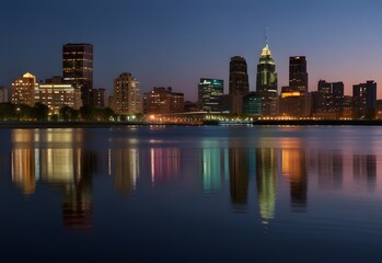 A city skyline at night, with buildings casting colorful, distorted reflections on a serene river, generative AI