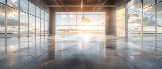 A large, empty room with a view of the ocean
