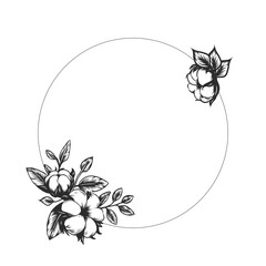 Hand drawn Flower Circle Frame Cotton. Elegance round line border, leaves and cotton buds for wedding invitation and cards, logo design and posters template.