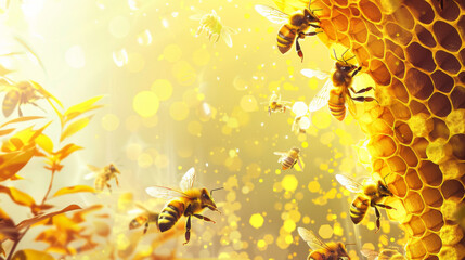 A group of bees flying around a yellow background