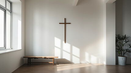 Naklejka premium The cross statue is attached to the living room wall, the statue is placed symmetrically in the middle of the clean white wall, Ai generated Images