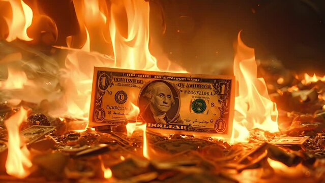 Banknotes engulfed in flames, symbolizing financial crisis and inflation woes, prompting awareness on economic instability, ideal for illustrating financial news articles and educational resources.