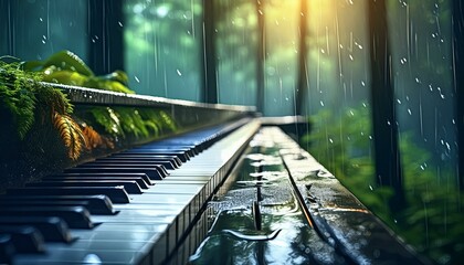 비내리는 숲속에 자연 가득한 피아노