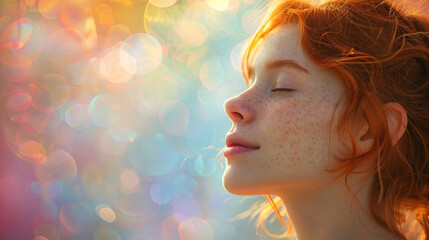 Lovely and ecstatic, a ginger girl daydreams against a pastel background.