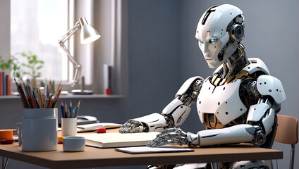 A strong artificial intelligence machine futuristic robot sitting at a desk and reading a new concept book on a home office blur background