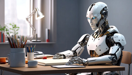 Fototapeta premium A strong artificial intelligence machine futuristic robot sitting at a desk and reading a new concept book on a home office blur background