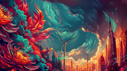 A colorful painting of a city with a large building and a windmill