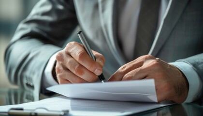Conceptualize a male business head in a light grey suit, torso visible, with a pen held aloft, ready to annotate documents