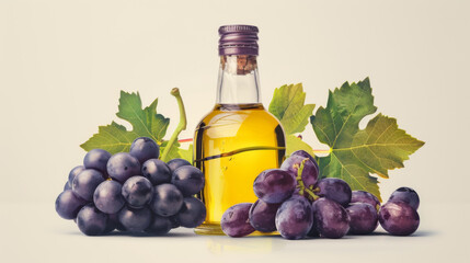 Fototapeta premium Still life composition with dark grapes, a bottle of wine, and grape leaves against a neutral backdrop.