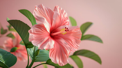 A delicate pink hibiscus flower blooms beautifully against a soft, indoor backdrop.