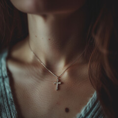 Close-up of the neck of a woman wearing a cross necklace, the sparkling necklace emphasizes the beauty of the neck, Ai generated Images