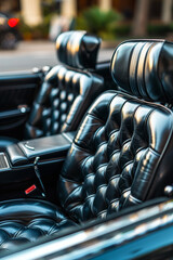 A luxurious front view of the black leather back passenger seats in a modern and stylish luxury car interior with exquisite craftsmanship and attention to detail, showcasing comfort and elegance.