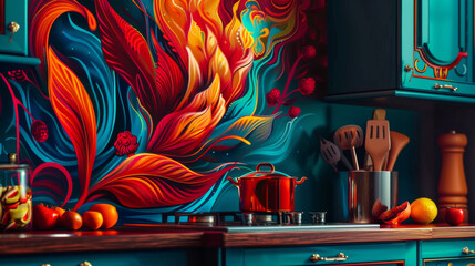 A colorful painting of a flower is on the wall above a kitchen counter