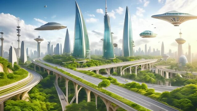 A futuristic cityscape with towering skyscrapers, winding highways, and lush greenery. Sleek flying vehicles soar through the air, hinting at advanced technology and transportation. 
