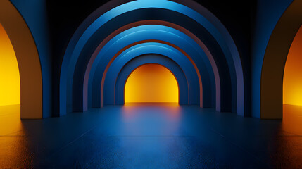 a blue and yellow tunnel with arches and a light at the end