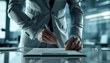 Render a male chief executive in a sleek light grey suit, torso visible, clutching a pen in a moment of inspiration