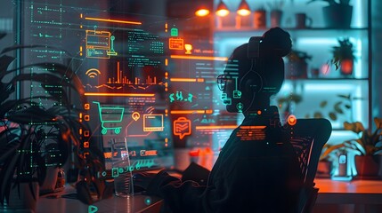 Fototapeta premium Silhouetted professional figure surrounded by futuristic digital interface and data visualization elements depicting a work from home or remote work