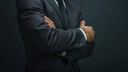 Produce an image of a male business leader in a charcoal grey suit, showing torso, with one hand on the other arm