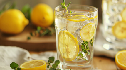 Fototapeta premium glass of lemonade with lemon, lemon water cocktail 
