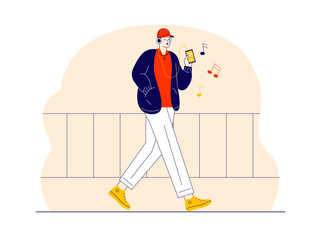 Music lover walking and listening song. Happiness vector illustration