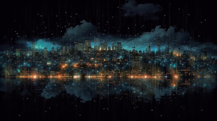 Smart city concept. Telecomunication, internet, mobile, cloud computing background. Digital city background. Online city concept. Cyber town on black background Generative AI