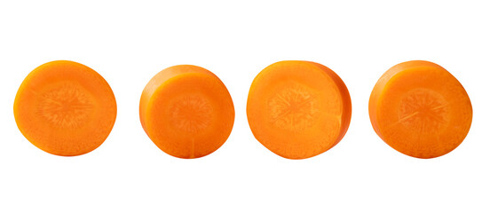 Top view set of fresh orange carrot slices scattering isolated  with clipping path in png file...