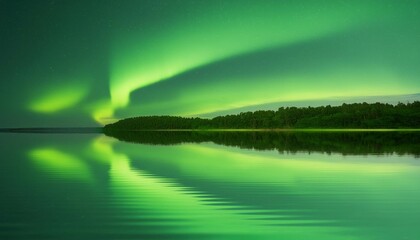 Aurora Borealis reflected in Water. Green Northern Lights Background with copy-space.