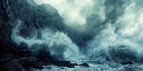 Obraz premium Waves crashed against the rocky shore