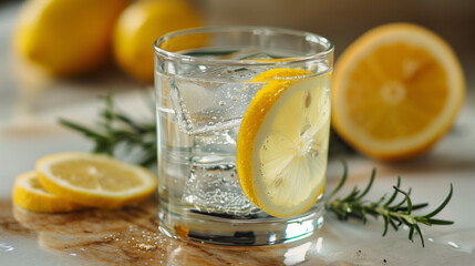 glass of lemonade with lemon, lemon water cocktail 