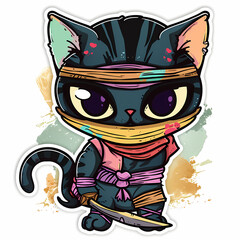 Cute ninja cat cartoon on a White Canvas Sticker,vector image