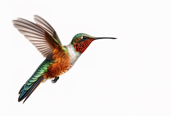 Image of flying hummingbird on a white background. Bird, Wildlife Animals. Illustration, Generative AI.