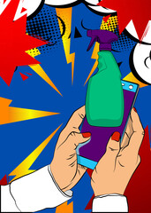 Cartoon Smartphone, comic book Telephone with Window Washer, Cleaning Product. Retro vector comics pop art design.