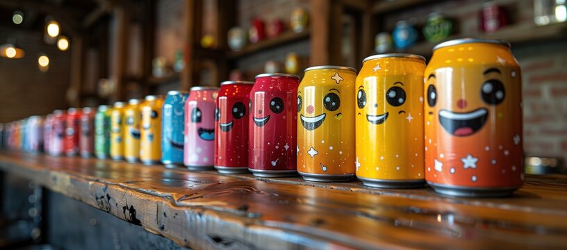 Colorful Smiling Beverage Cans on Wooden Counter