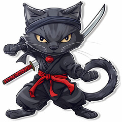 Cute ninja cat cartoon on a White Canvas Sticker,vector image