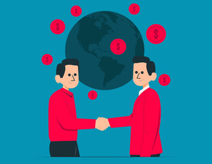 Investor handshake on world map.International trade concept illustration