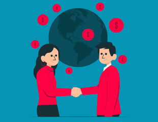 Investor handshake on world map.International trade concept illustration