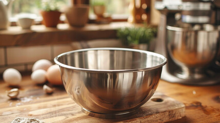 A large stainless steel mixing bowl sits on a rustic wooden kitchen table, surrounded by baking ingredients.