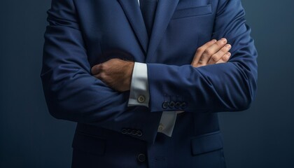 Generate an image of a business strategist in a navy blue suit, torso visible, hands meshed together while contemplating