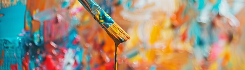 A closeup photo of a paintbrush dripping with vibrant paint, with a blurred artists studio full of colorful canvases in the background - Powered by Adobe