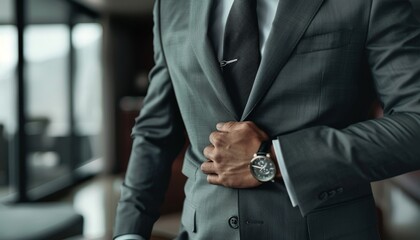 Generate an image of a business innovator in a light grey suit, torso visible, drafting plans on an augmented reality interface