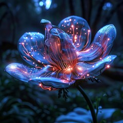 A digital circuit board seamlessly integrated into a blooming flower, with the glowing pathways mimicking the veins of the petals - obrazy, fototapety, plakaty