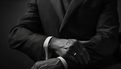 Design an image of a man in a CEO role, wearing a charcoal grey suit, torso in view, with one hand...