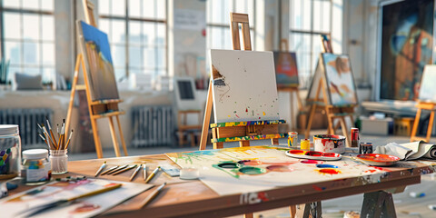 Artist's Studio Desk in New York: A desk in a spacious artist's studio with easels, brushes, and...