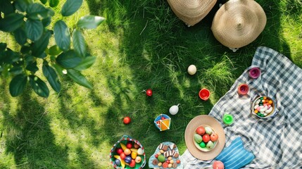 A group of children is enjoying a picnic surrounded by grass, trees, and shrubs in a natural landscape. They are leisurely soaking up the sun and appreciating the beauty of the environment AIG50