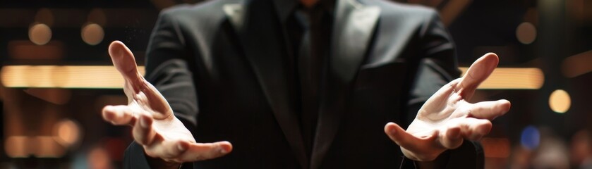 Obraz premium Design an image of a dynamic male CEO, wearing a black suit, torso in view, orchestrating a meeting with a welcoming gesture