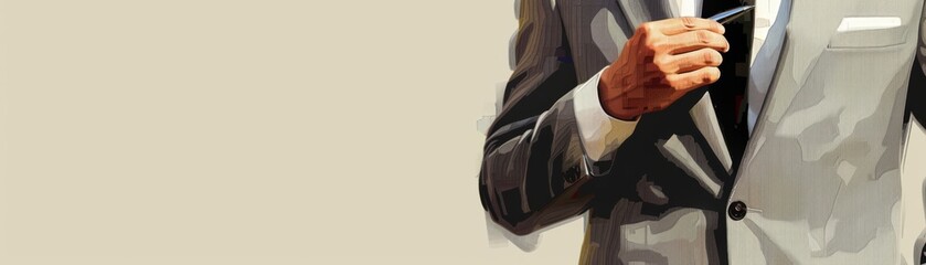 Depict a male executive in a light grey suit, visible from the torso up, holding a stylish pen