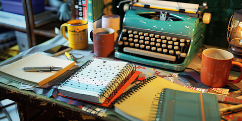 Freelance Writer's Desk in New York: A cozy, cluttered desk of a successful New York-based...