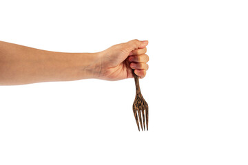 Hand and wooden fork on transparent background