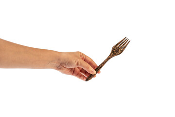 Hand and wooden fork on transparent background
